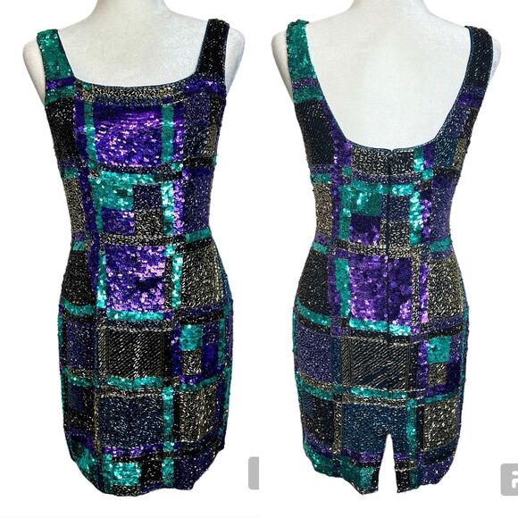 Joan Leslie Evening Size 6 Disco Multicolor Patch‎ Sheath Sequined Studded Dress - Picture 1 of 16